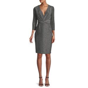 Calvin Klein Womens Size 4 Petite Silver Black Metallic Faux-Wrap Sheath Dress